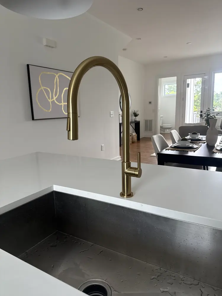 Gold pull-down kitchen faucet over a stainless sink
