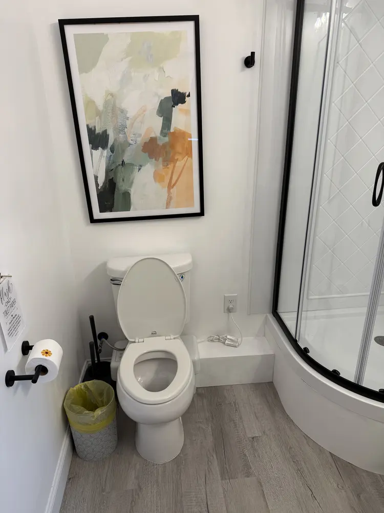 Toilet and corner shower in a finished bathroom